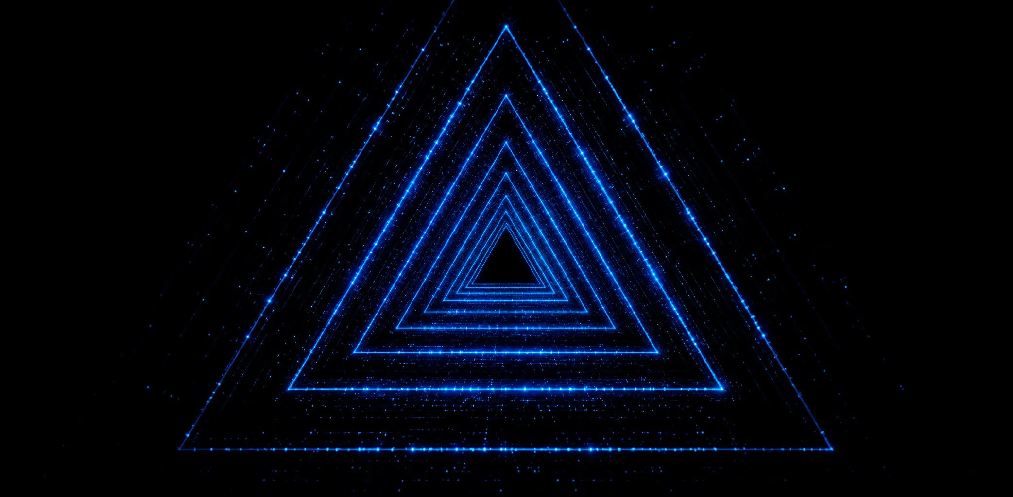 A digital illustration featuring a glowing blue geometric triangle pattern with dotted lines and sparkles, set against a black background.