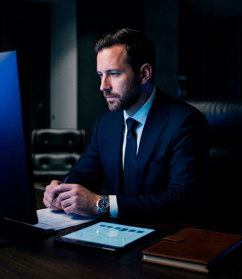 A man in a suit sitting at a desk working on a computer with a tablet and notebooks on the desk.