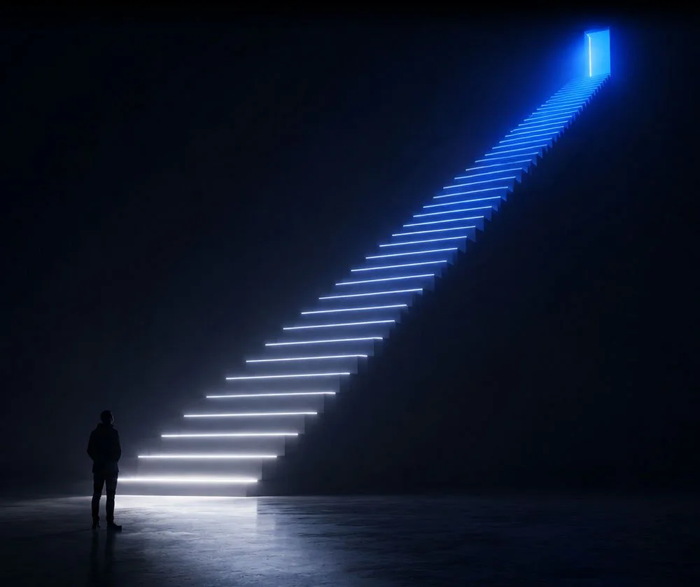 A person standing in front of an illuminated staircase that ascends into a dark space, with bright white and blue lights creating a glowing effect.