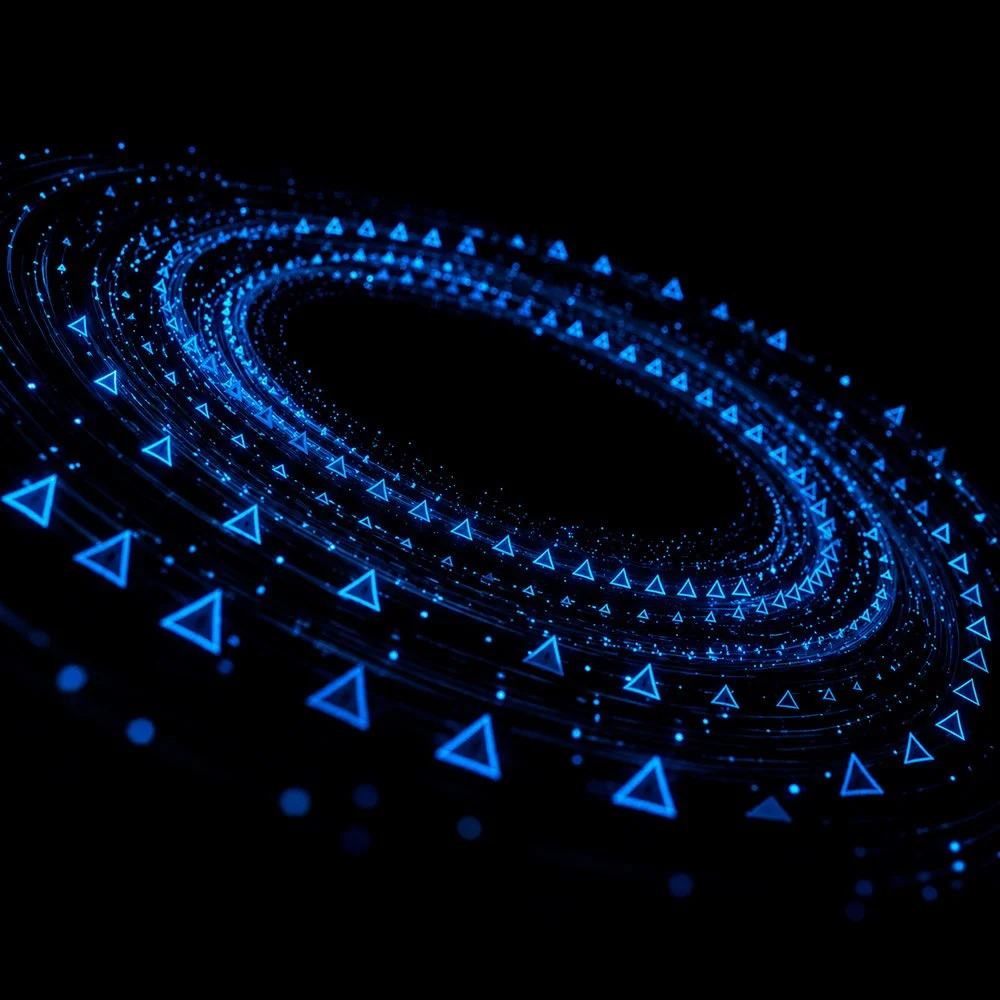 Digital abstract background with blue glowing triangular shapes and lines forming a spiral pattern on black background.