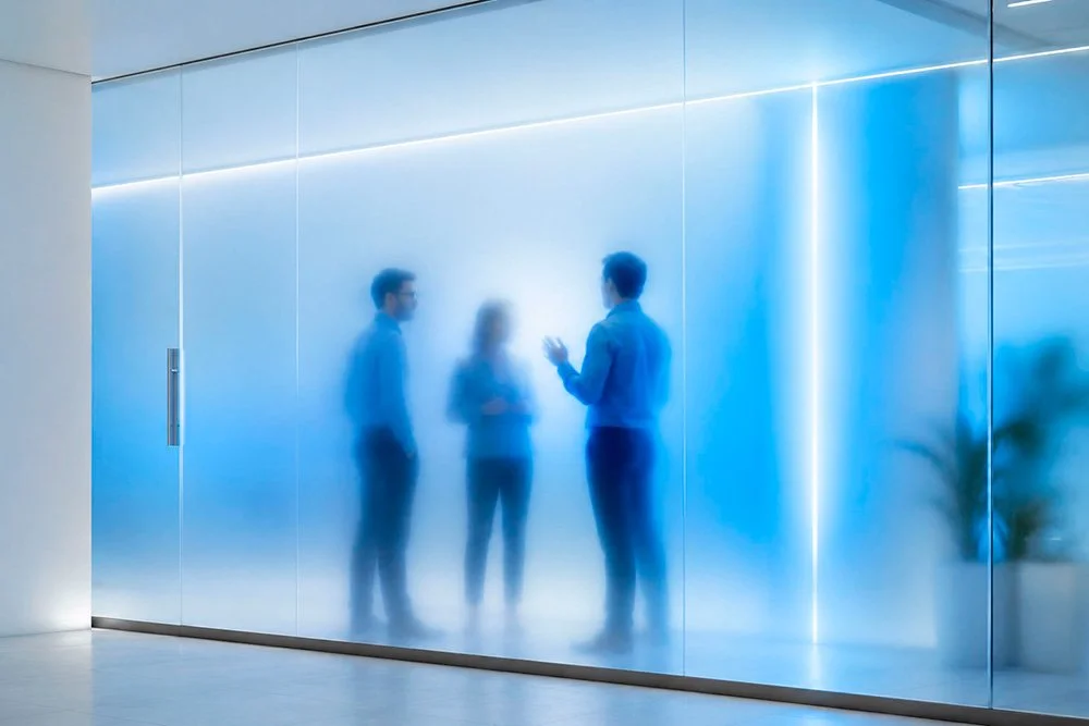 Three people having a conversation behind a semi-opaque blue glass wall in a modern office setting.