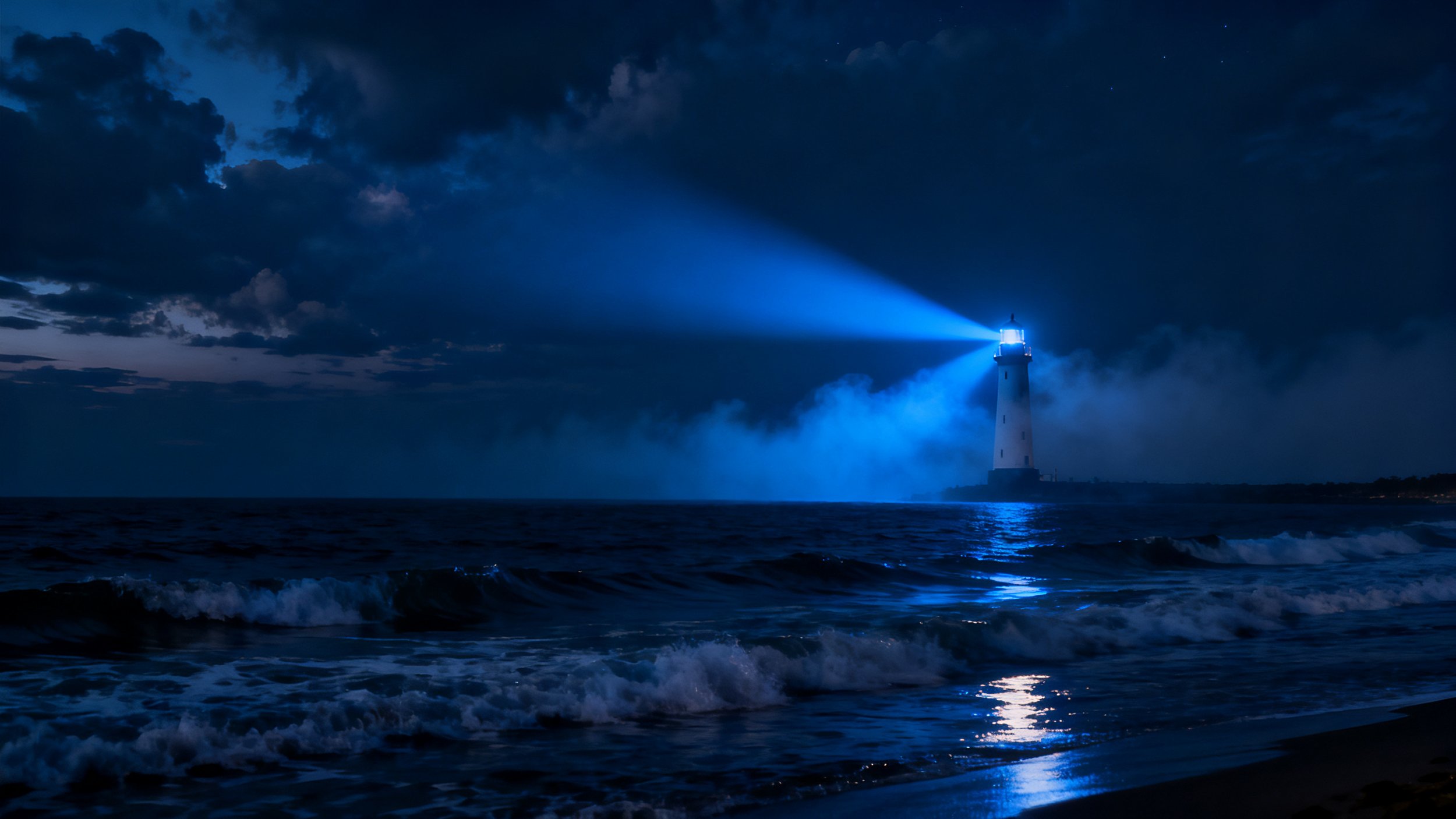 Night scene of a lighthouse on the coast with a bright beam of light shining out, illuminated by moonlight or dusk with clouds above and rolling waves in the foreground.