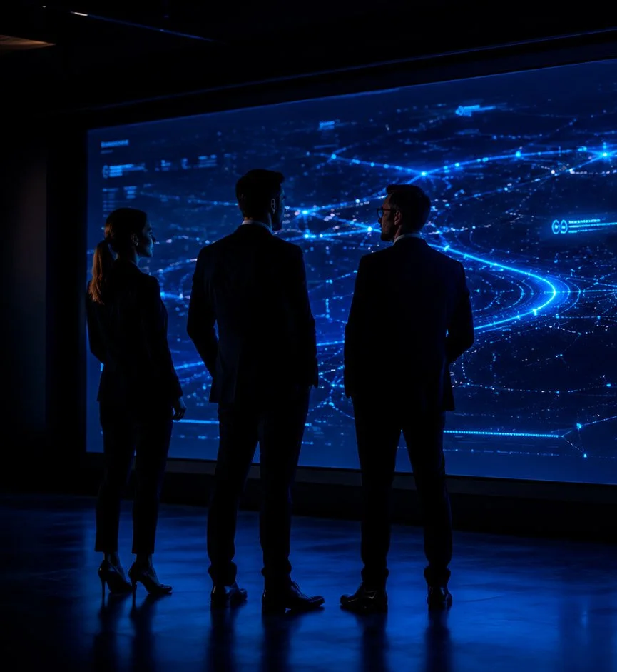 Three business professionals, two men and one woman, standing in front of a large digital screen displaying a complex blue data visualization, in a dark room.