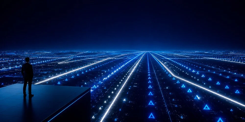 A man stands on a rooftop looking at a futuristic cityscape illuminated with blue and white lights forming high-tech data lines and digital patterns stretching into the horizon.