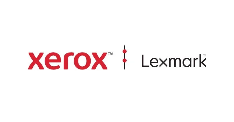 Xerox and Lexmark logo side by side with red and black text on a white background.