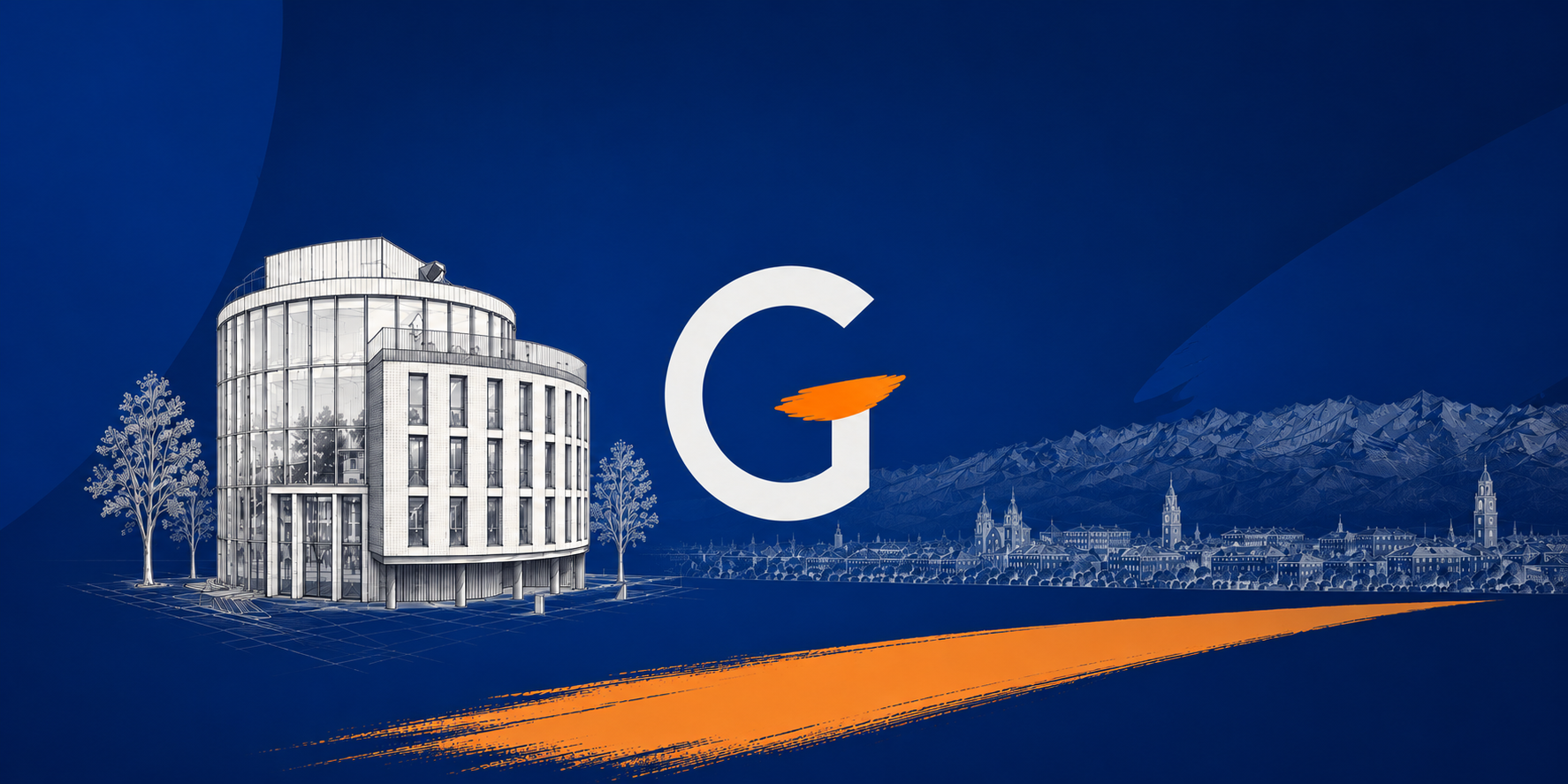 Immagine di uno skyline con un edificio moderno e un panorama di montagne sullo sfondo, caratterizzata da un logo con una grande lettera G circondata da una pennellata arancione.