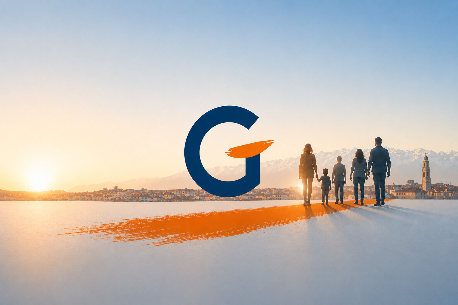 Famiglia che cammina su una pennellata al tramonto con Cuneo sullo sfondo e il logo di della Fondazione Genta al centro dell'immagine.
