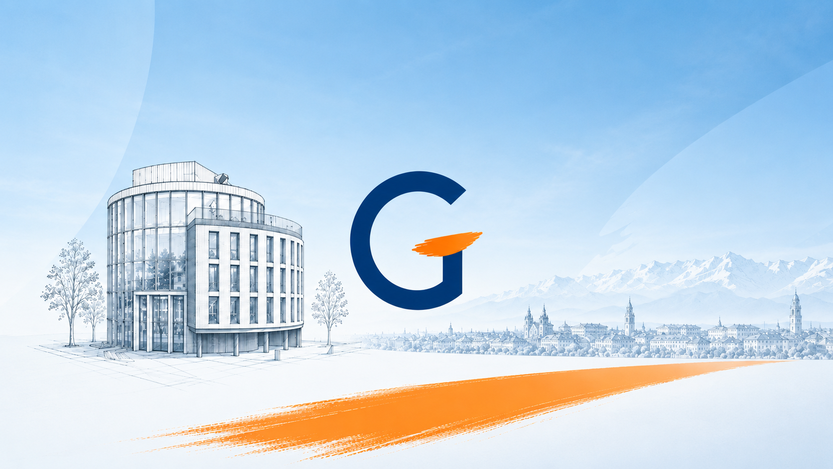 Immagine con il logo di Google al centro, uno sfondo di una città con montagne innevate sullo sfondo, un edificio moderno sulla sinistra e un'illustrazione artistica con elementi architettonici e naturali