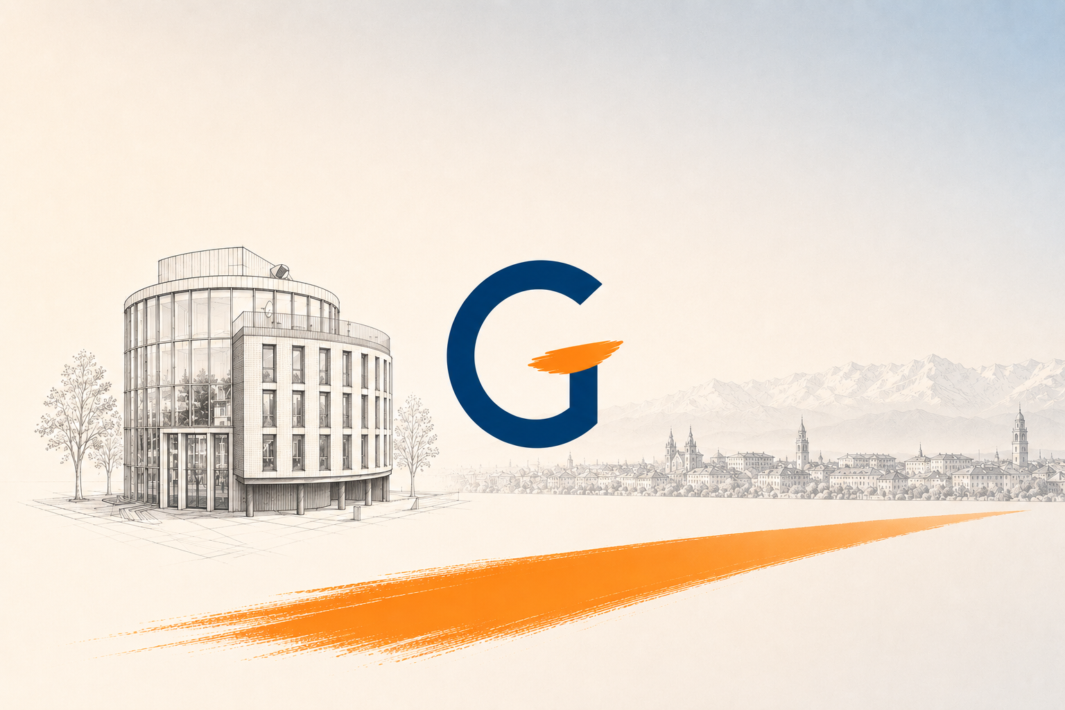 Disegno di un edificio moderno con tanti vetri e alcune persone all’interno, due alberi e un panorama con montagne sullo sfondo. Al centro, un logo con una grande lettera G blu e un tratto arancione, con una striscia arancione orizzontale sotto.