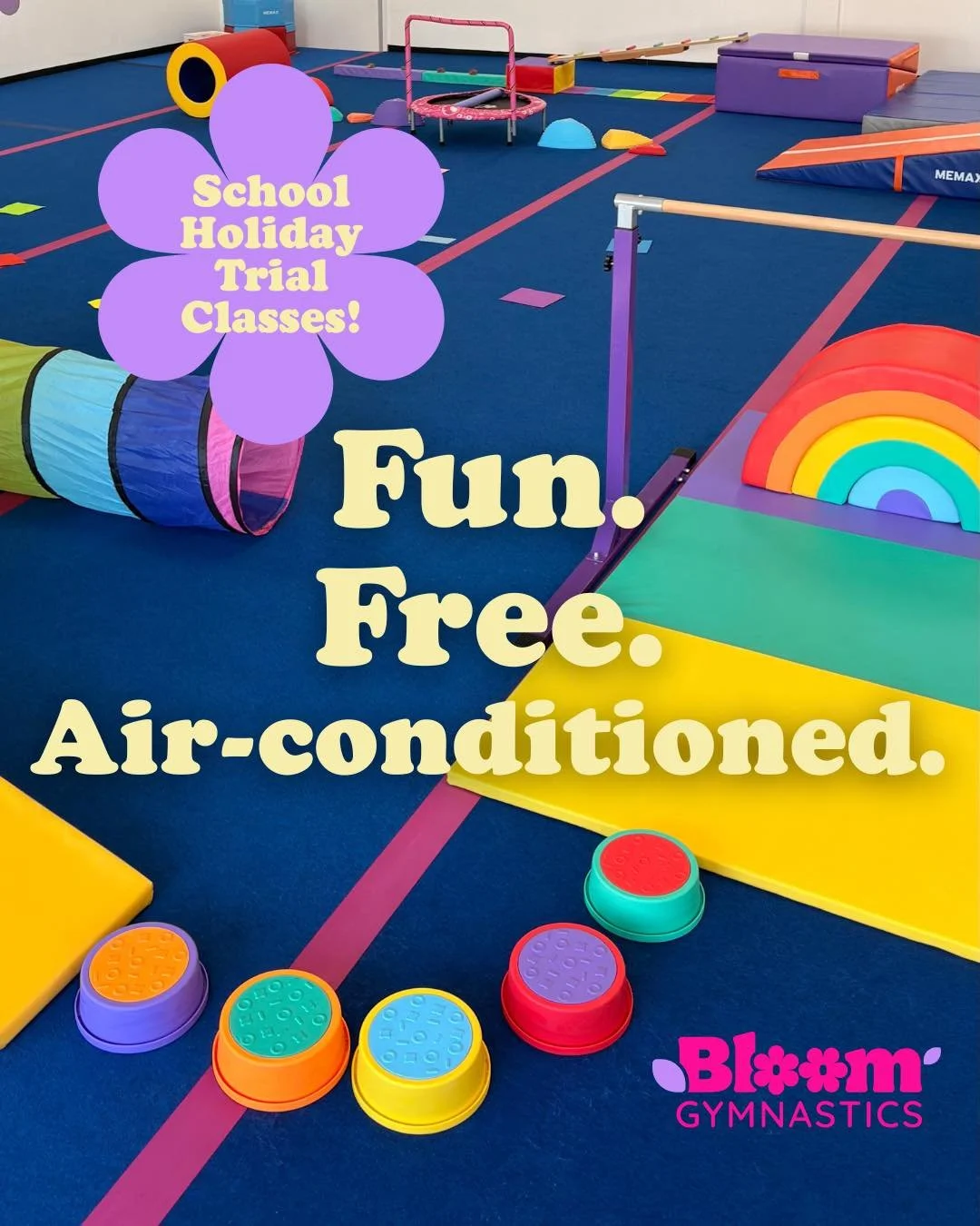 Make the most of the school holidays with a FREE gymnastics class at Bloom! 

Classes available for kids aged 6 months to 10 years! Come along for some fun, learning and plenty of new things to try in our air conditioned gymnastics studio! 

Head to 