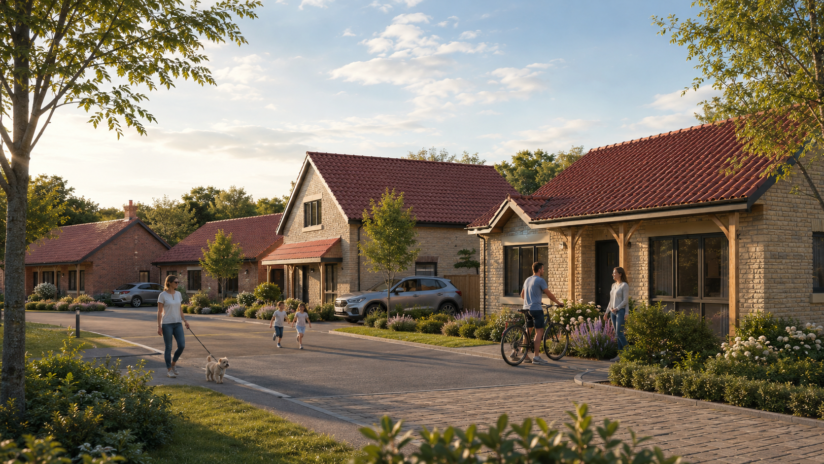 A suburban neighborhood street scene with family members and children walking, biking, and chatting in front of brick houses with front yards and trees in the background.