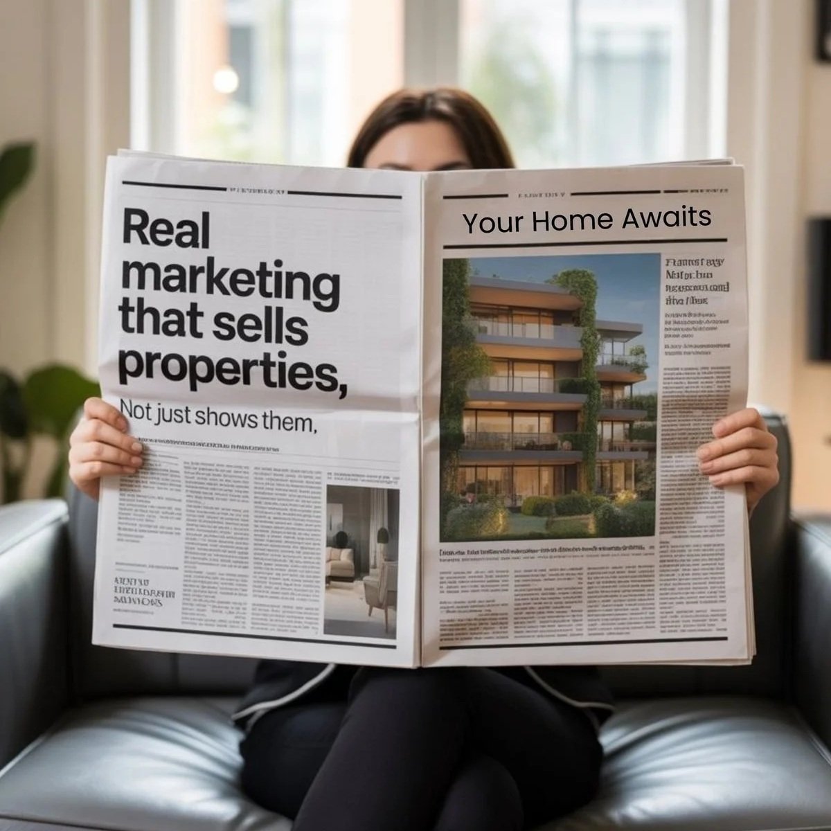 Lexwell-Partners - Person sitting on a sofa reading a newspaper about real estate and properties.