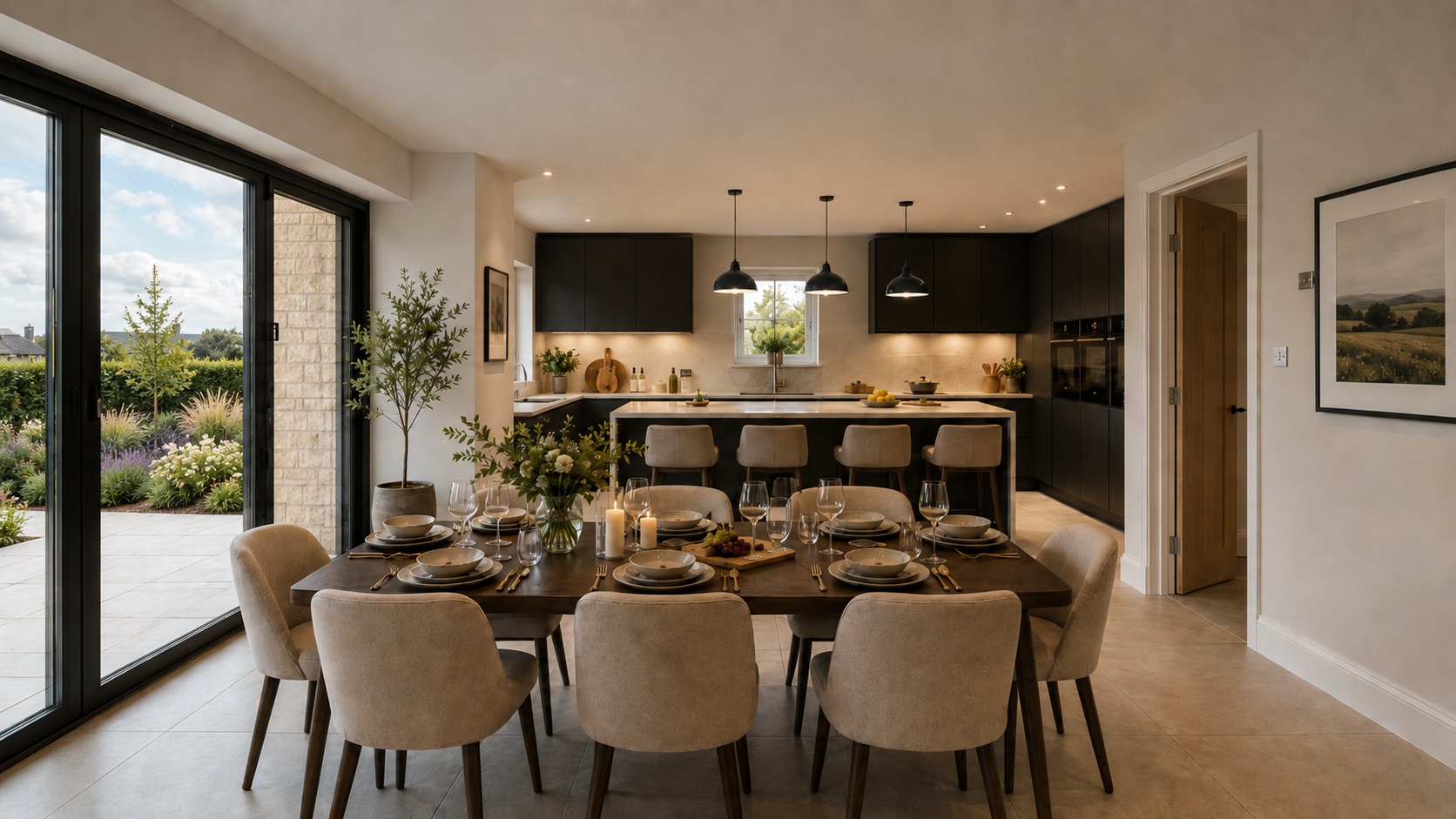 Modern open-concept kitchen and dining area with large sliding glass doors opening to a garden, set for a meal with candles and flowers.