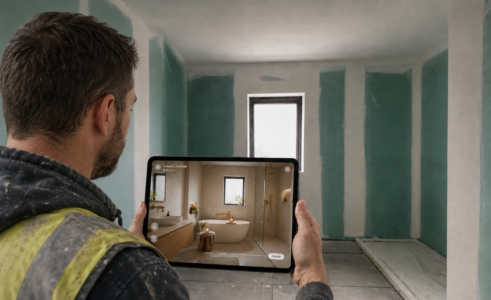 A person wearing a work vest looks at a tablet showing a photo of a finished bathroom with a bathtub, sink, and window, while standing in an unfinished bathroom with bare walls and a window.