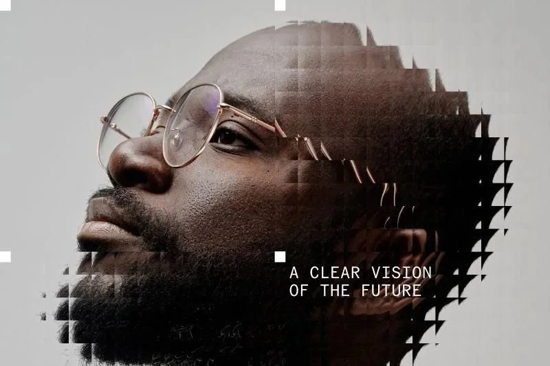 A portrait of a man with glasses, shown in a digital glitch or pixelated style, with the text 'A clear vision of the future' overlaid.