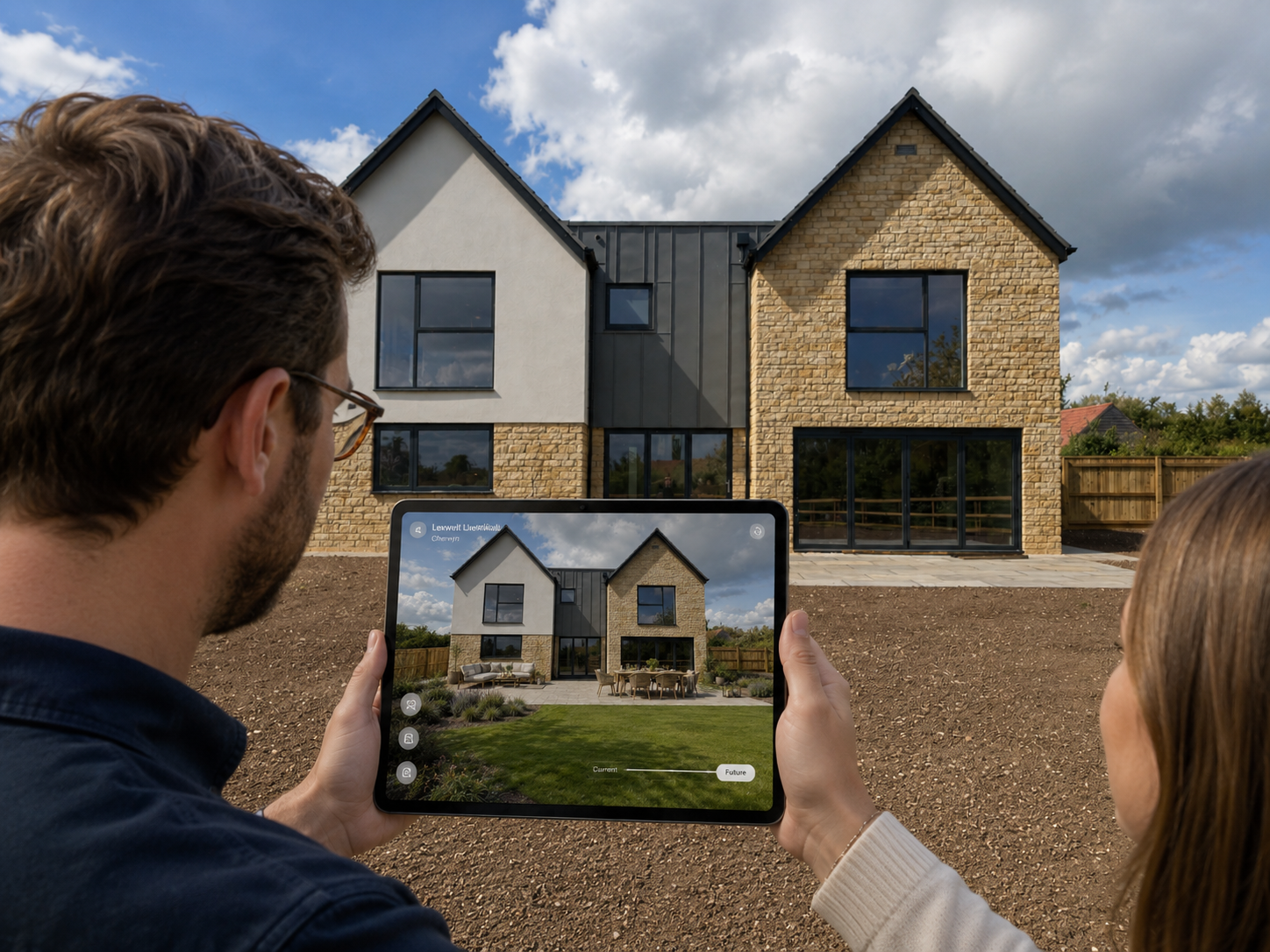 Two people, a man and a woman, are looking at a tablet they are holding which displays a photo of the same house behind them. The house is a modern, two-story building with a combination of brick and white exterior, large windows, and a patio with outdoor furniture. The sky is partly cloudy.