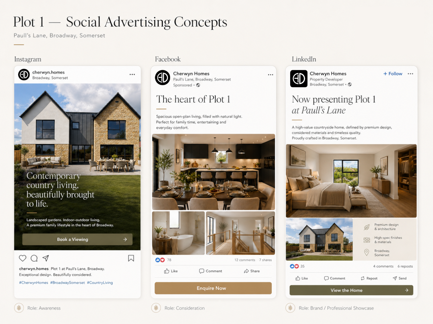 Three social media ads for Plot 1, a home development project, featuring images of the house exterior, interior rooms, and related text descriptions.