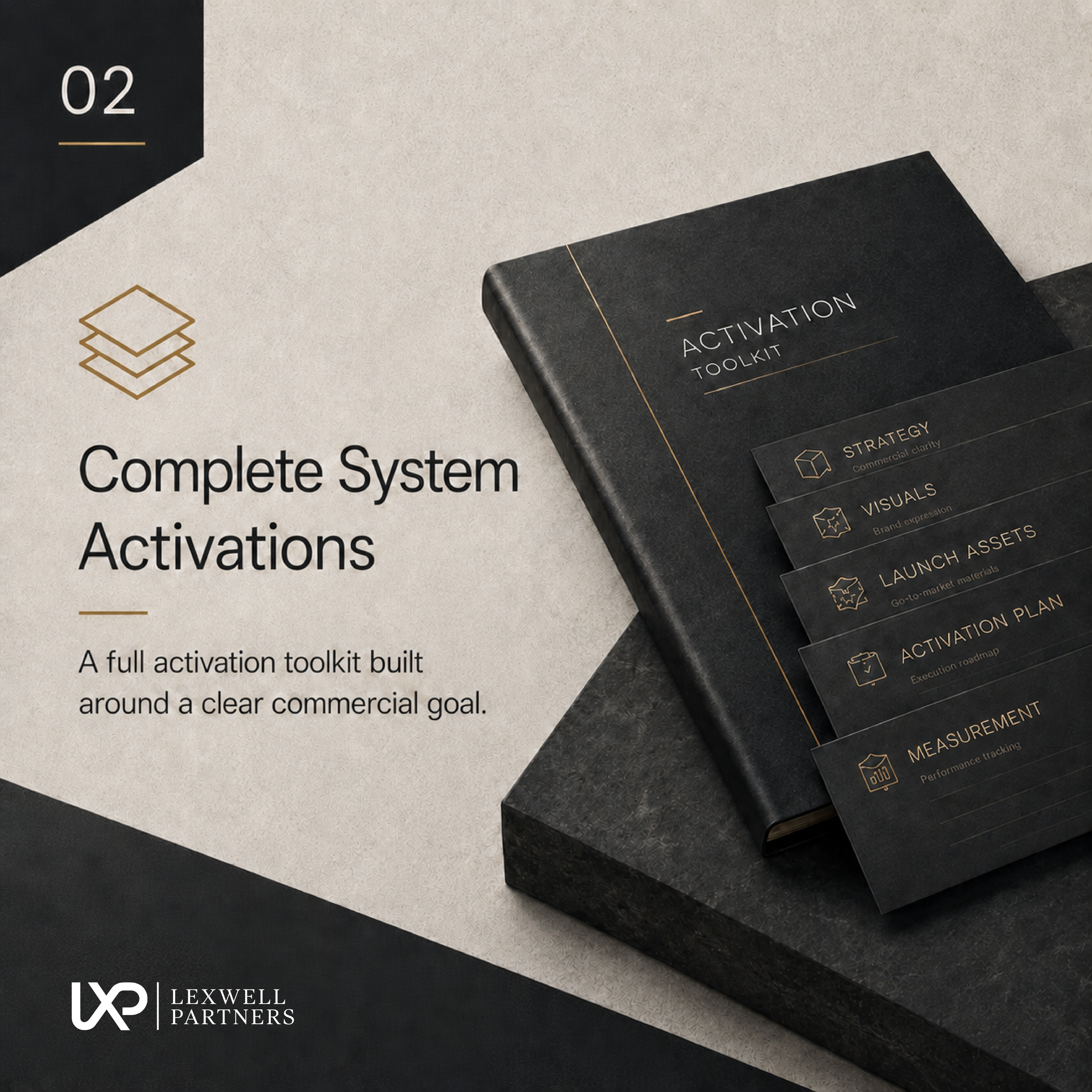 Close-up of a black box labeled 'Activation Toolkit' on a textured black and white surface with gold accents and stacked black boxes with gold text. The background features LEXWELL PARTNERS logo in the lower left corner.