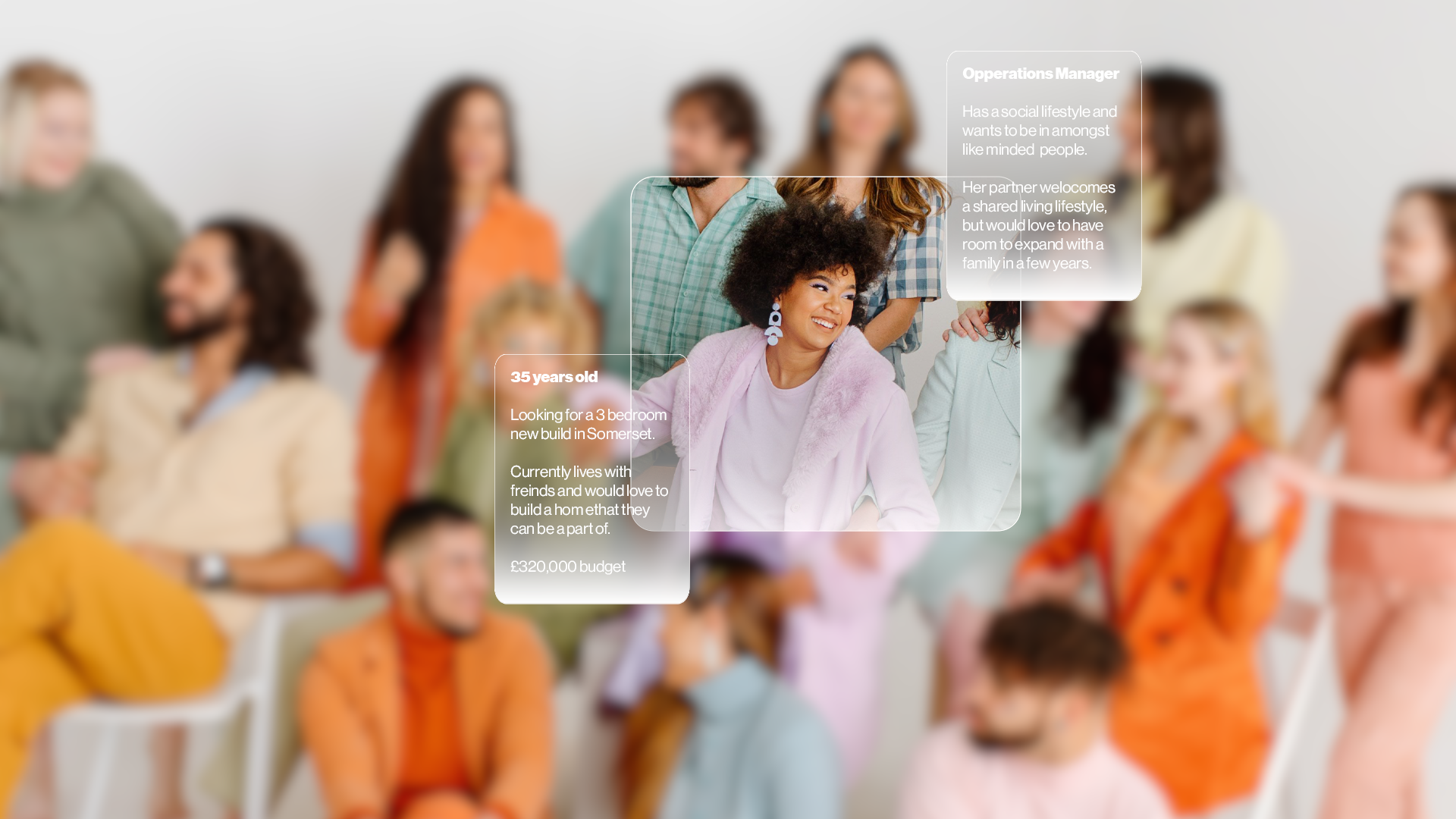 Group of diverse people gathered for a meeting or event, with text overlays showing a young woman with curly hair smiling, and snippets about her age, interests, and home budget, against a blurred background.