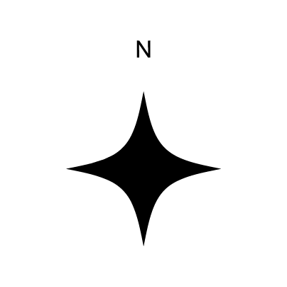 An outline of a dog, sitting on all fours with ears perked up, facing forward.