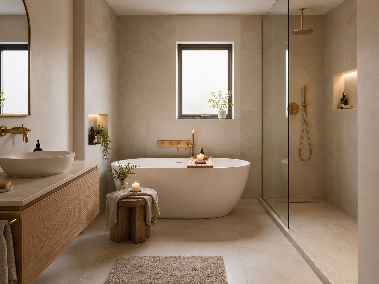 A modern bathroom with a bathtub, a vanity with a vessel sink, and a walk-in shower. The room has neutral tones with gold accents, a small window with a plant, and candles creating a relaxing ambiance.