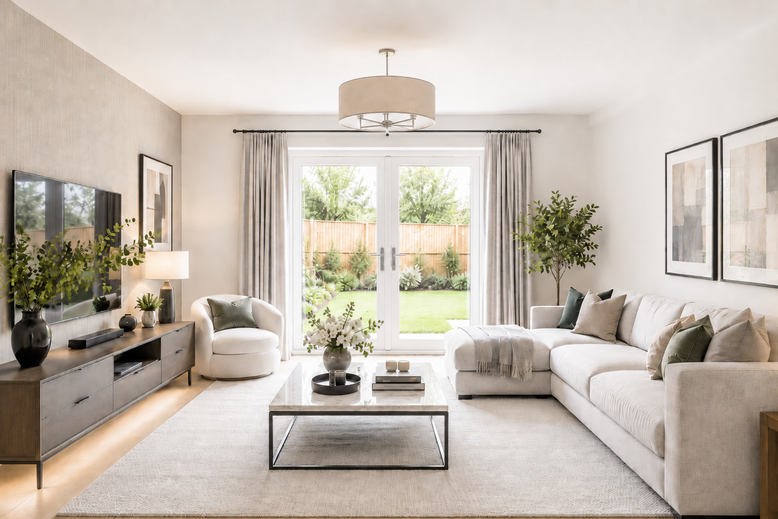 Bright living room with white walls, beige carpet, large sectional sofa with pillows, glass coffee table with flower vase, wooden TV console with decor, armchair, large windows with curtains revealing a backyard garden.