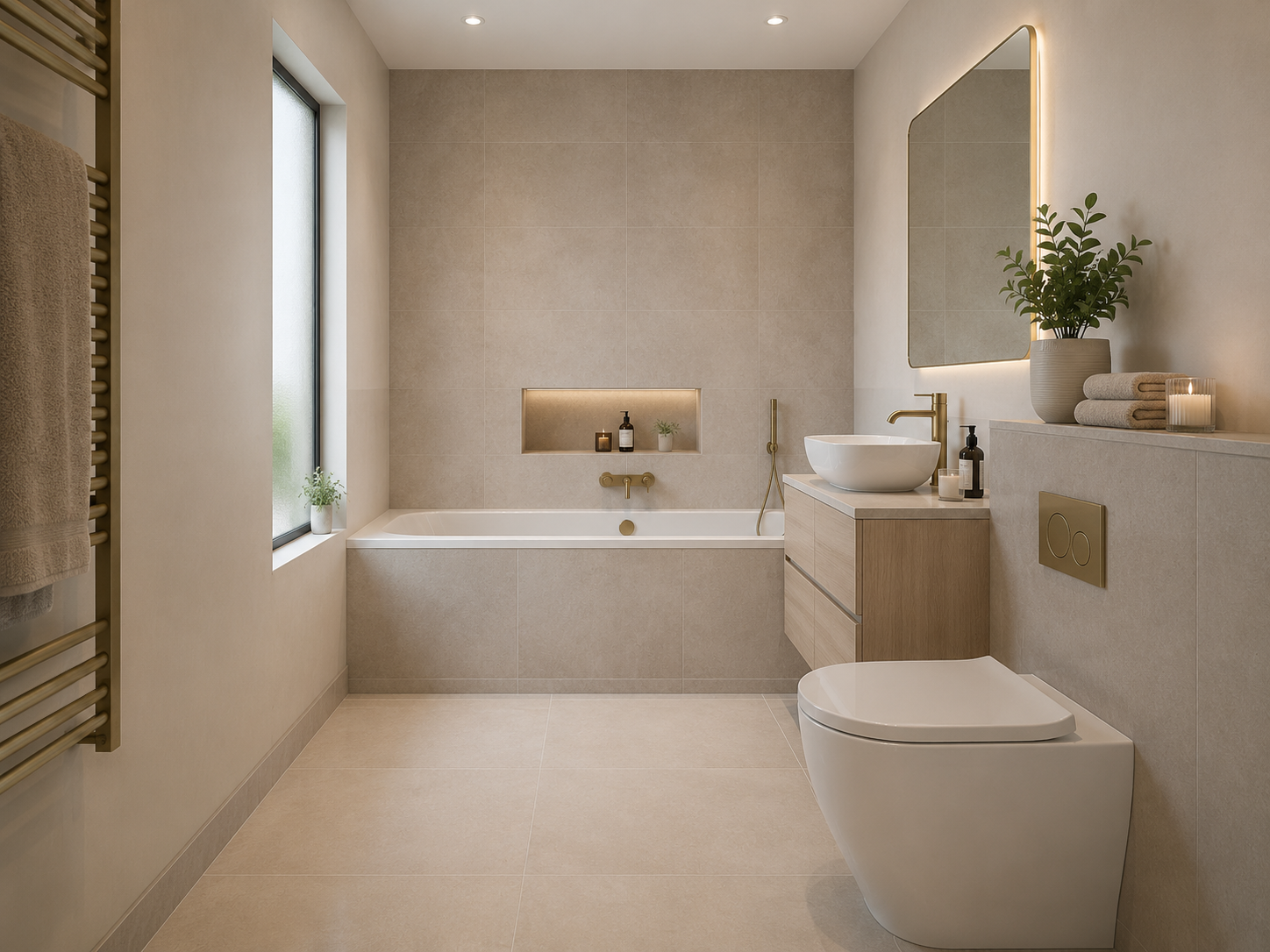 Modern minimalist bathroom with beige tiles, a bathtub underneath a window, a wooden vanity with a round vessel sink, a mirror with backlit edges, a potted plant, towels, and candles.