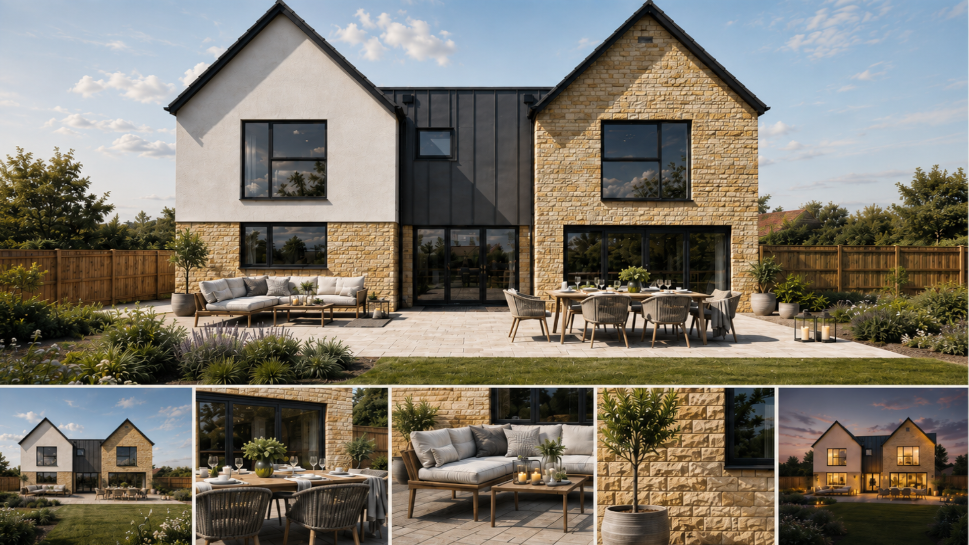 Lexwell-Partners - Modern two-story house with stone and white exterior, black window frames, and a landscaped backyard with outdoor furniture, potted plants, and garden lighting, shown during daytime.