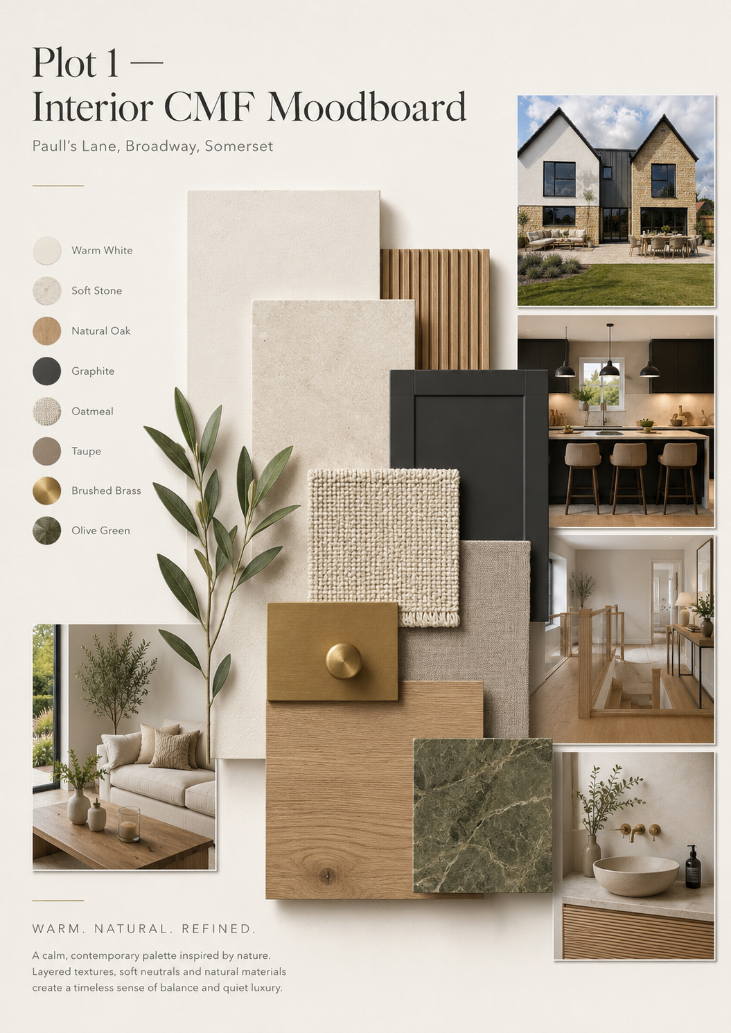 Interior mood board featuring color swatches and textures for a contemporary home, including warm neutrals, natural woods, and stone-inspired patterns, with images of a house, kitchen, and living space.