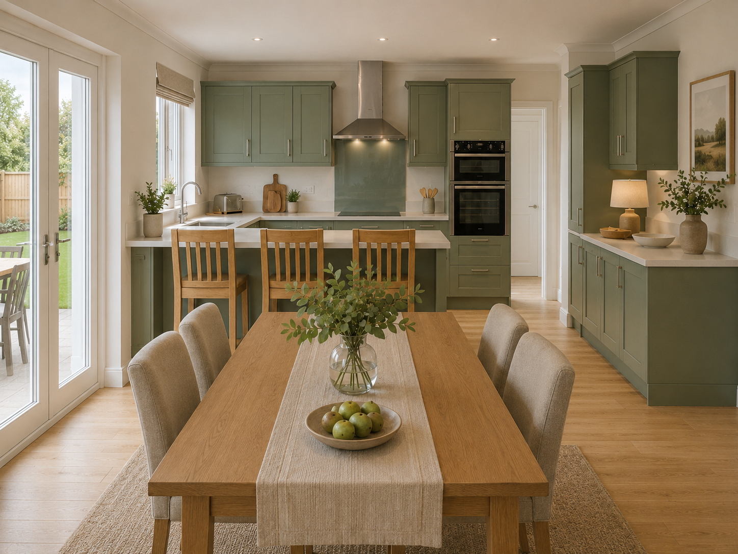 Modern kitchen with green cabinets, white countertops, a dining table with six chairs, and a view of a backyard through glass doors.