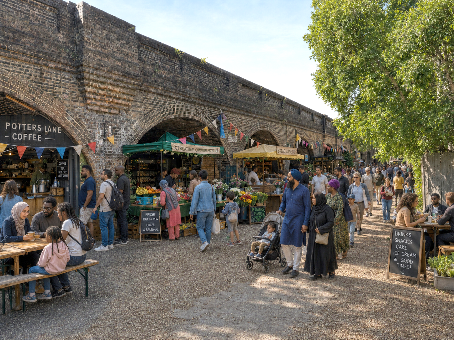 A bustling outdoor market under a brick railway bridge with various food and drink stalls, tables with people eating, shopping for fresh produce, and a crowd of visitors enjoying a sunny day.