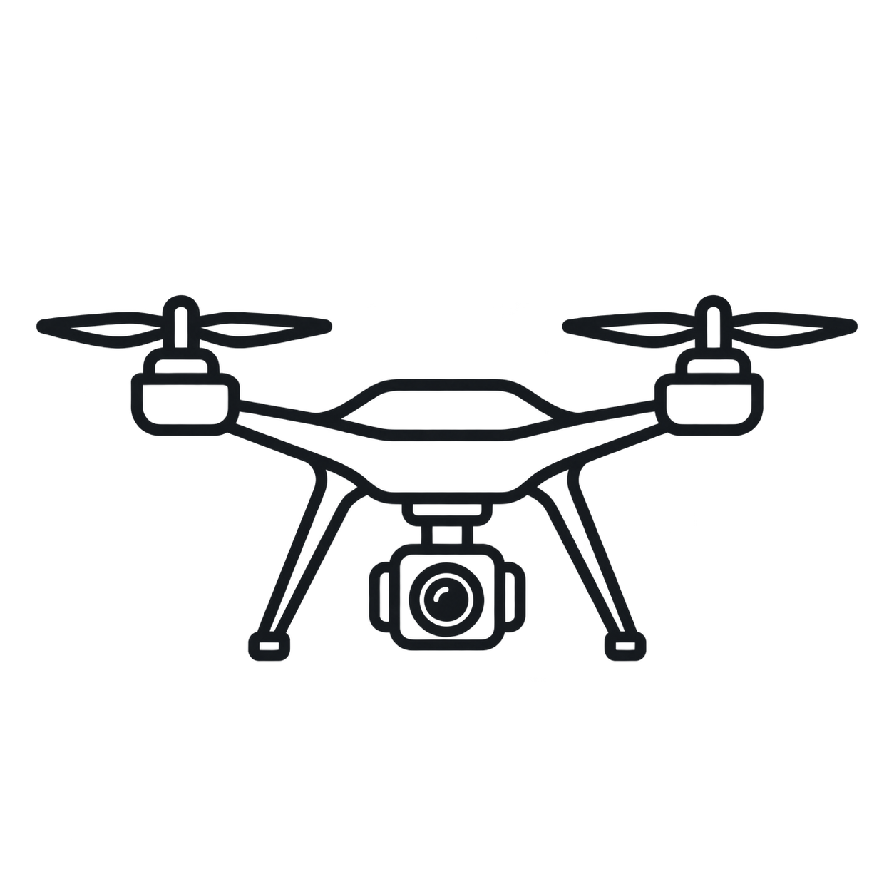 Outline illustration of a drone with four propellers, a camera on the front, and landing gear.