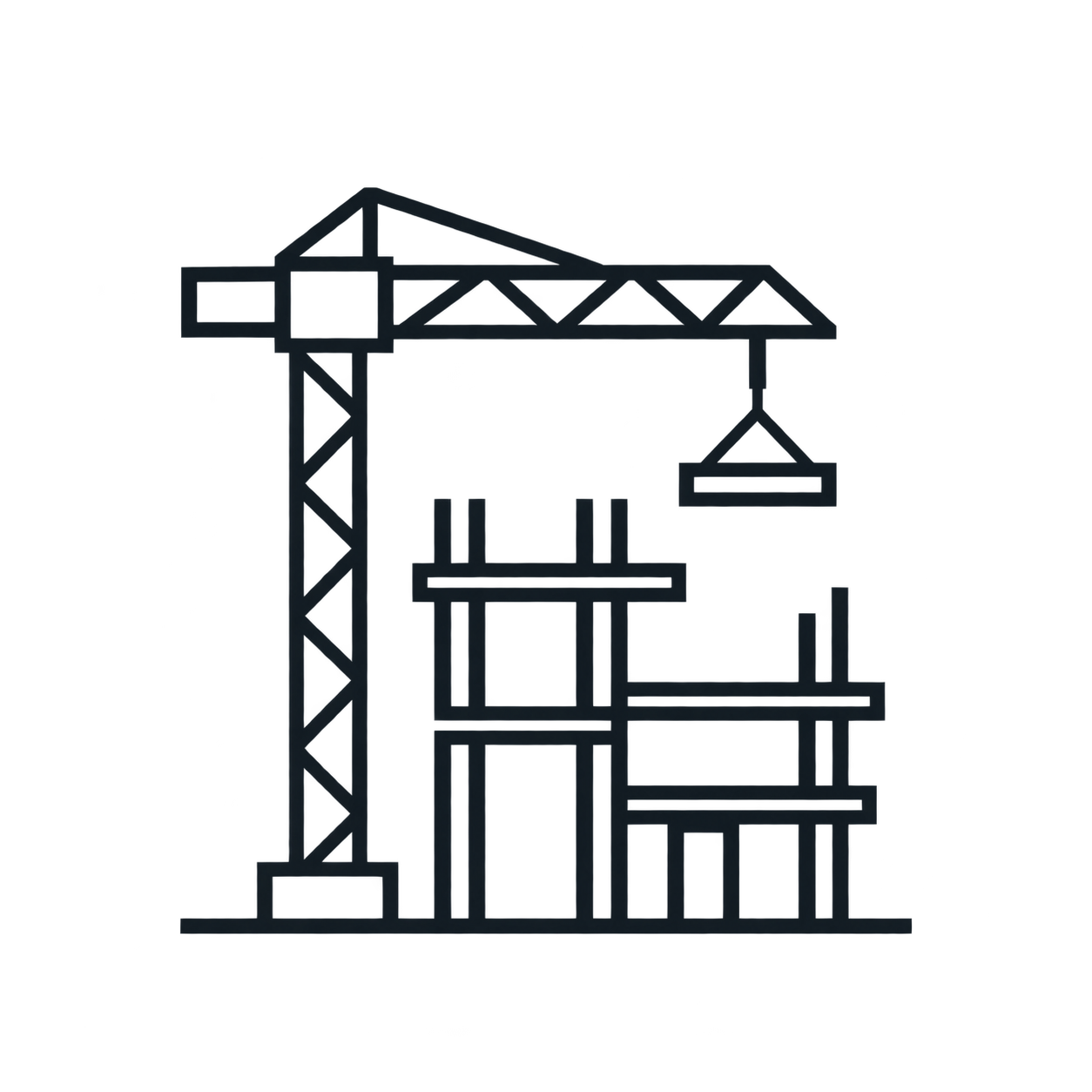 Outline drawing of a construction site with a tall crane lifting a beam and scaffolding structures.