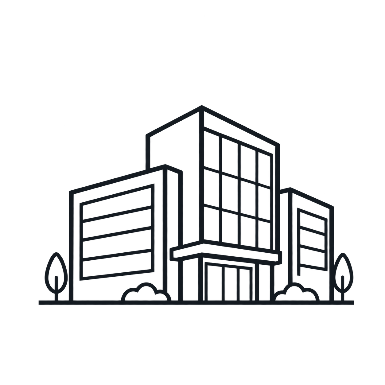 Outline of a modern multi-story office building with large glass windows, surrounded by trees, on a black background.