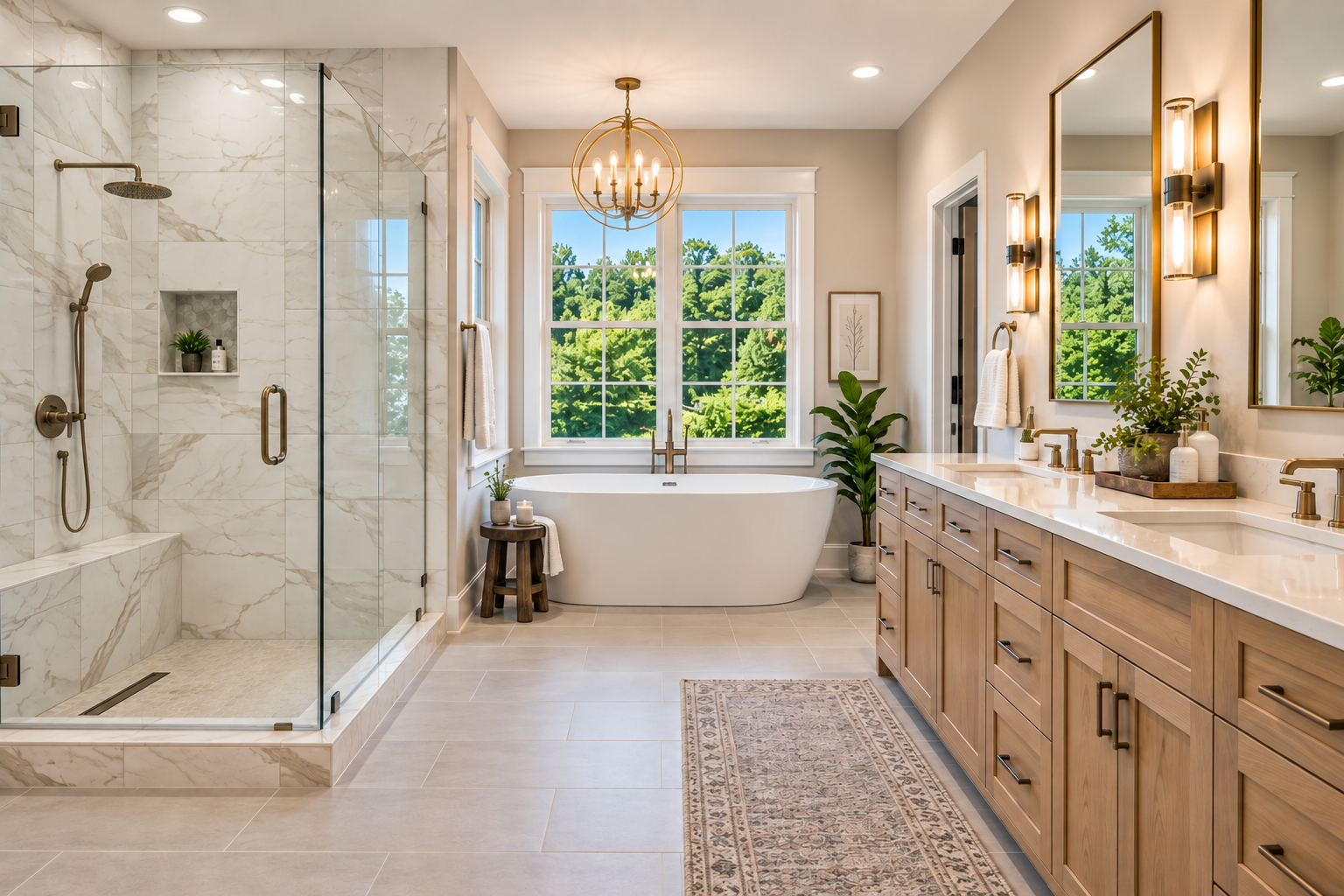 Luxury primary bathroom with glass shower, freestanding tub, double vanity and natural window light.