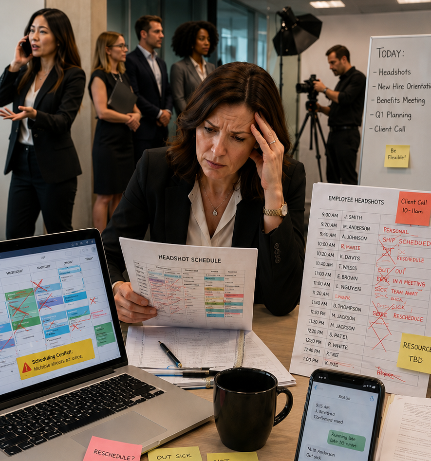 Solving the overwhelmed office coordinator having to manage the employee headshot scheduling for a corporate headshot day