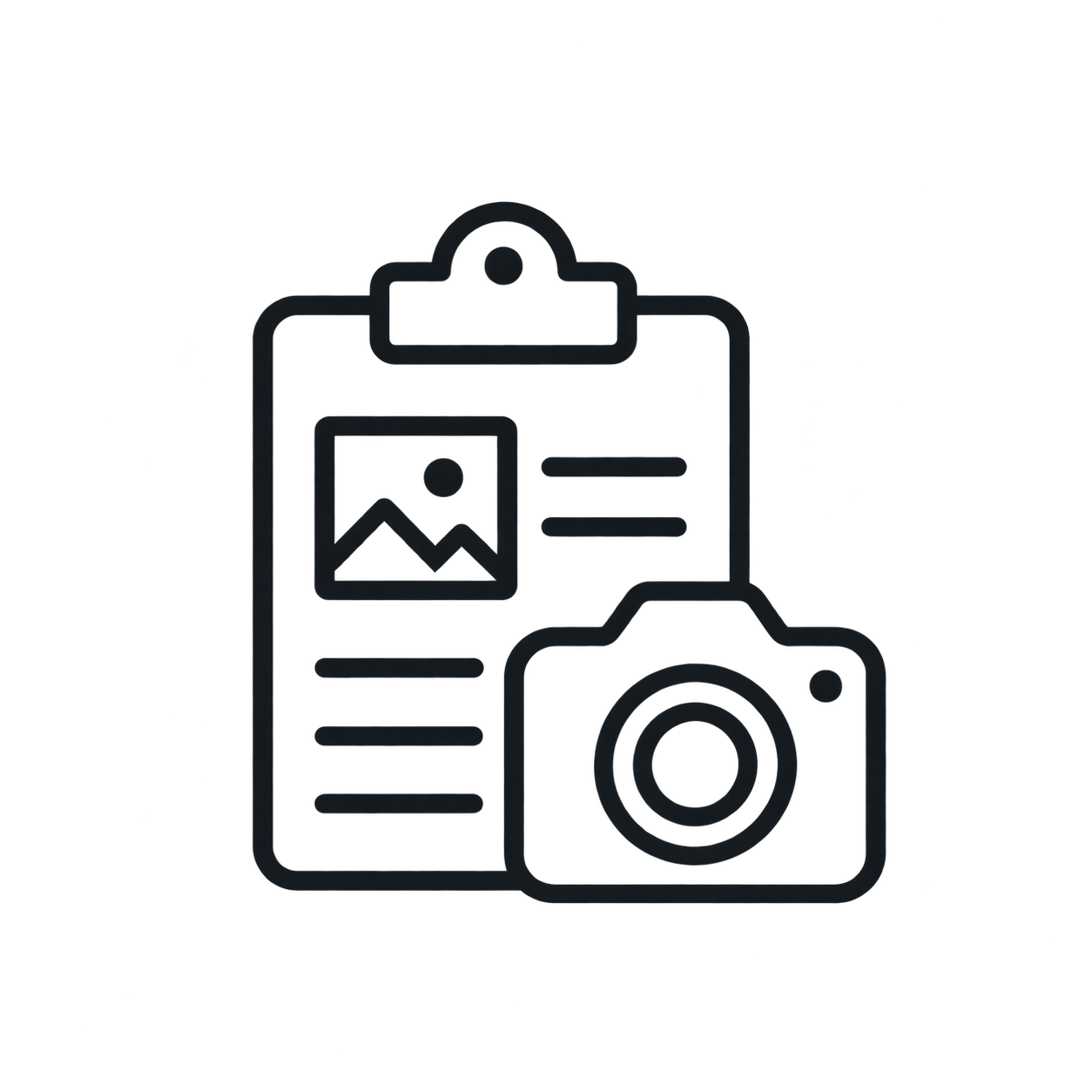 Outline icon of a clipboard with a photo and lines of text, and a camera in front.