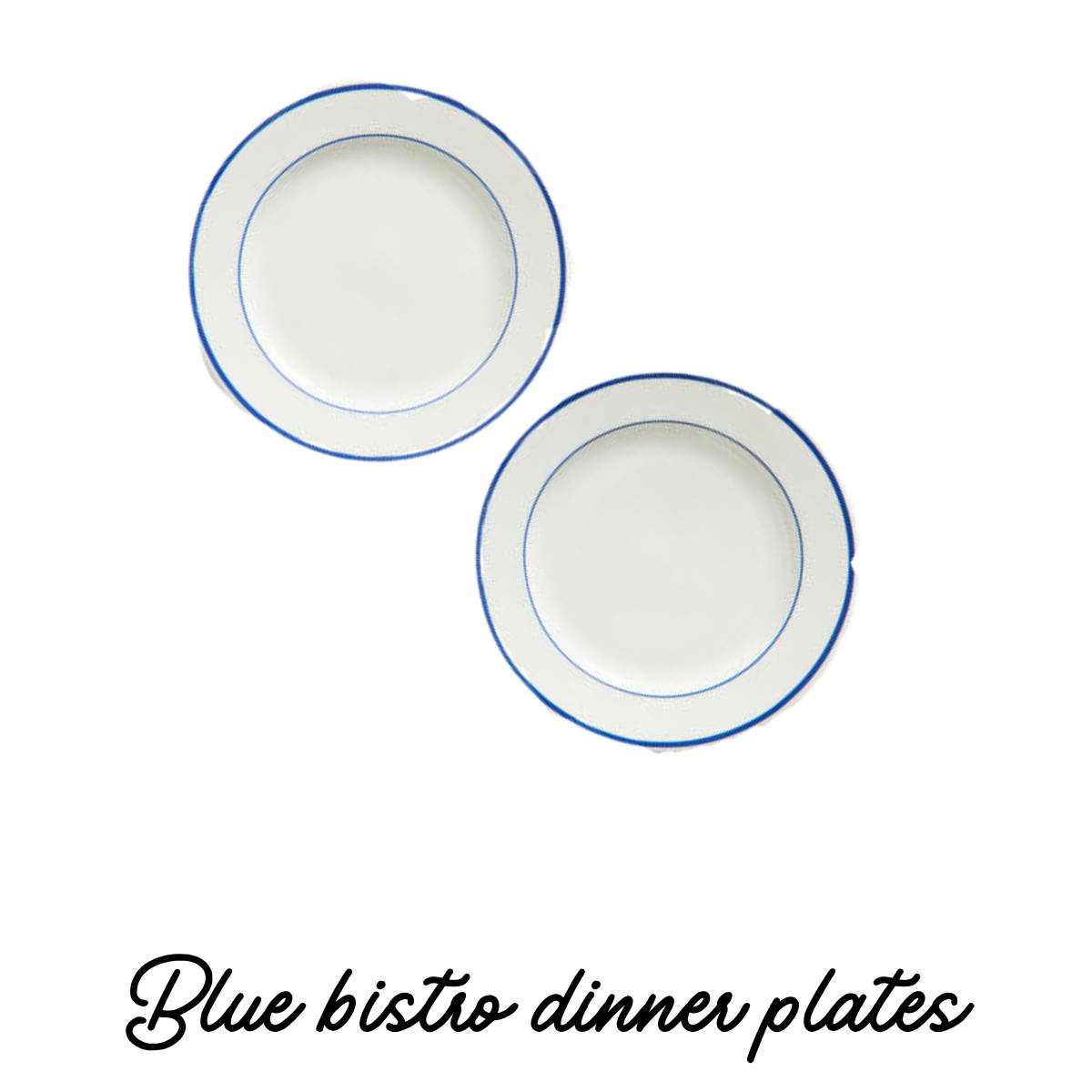 Two white plates with blue rims arranged overlapping on a white surface.