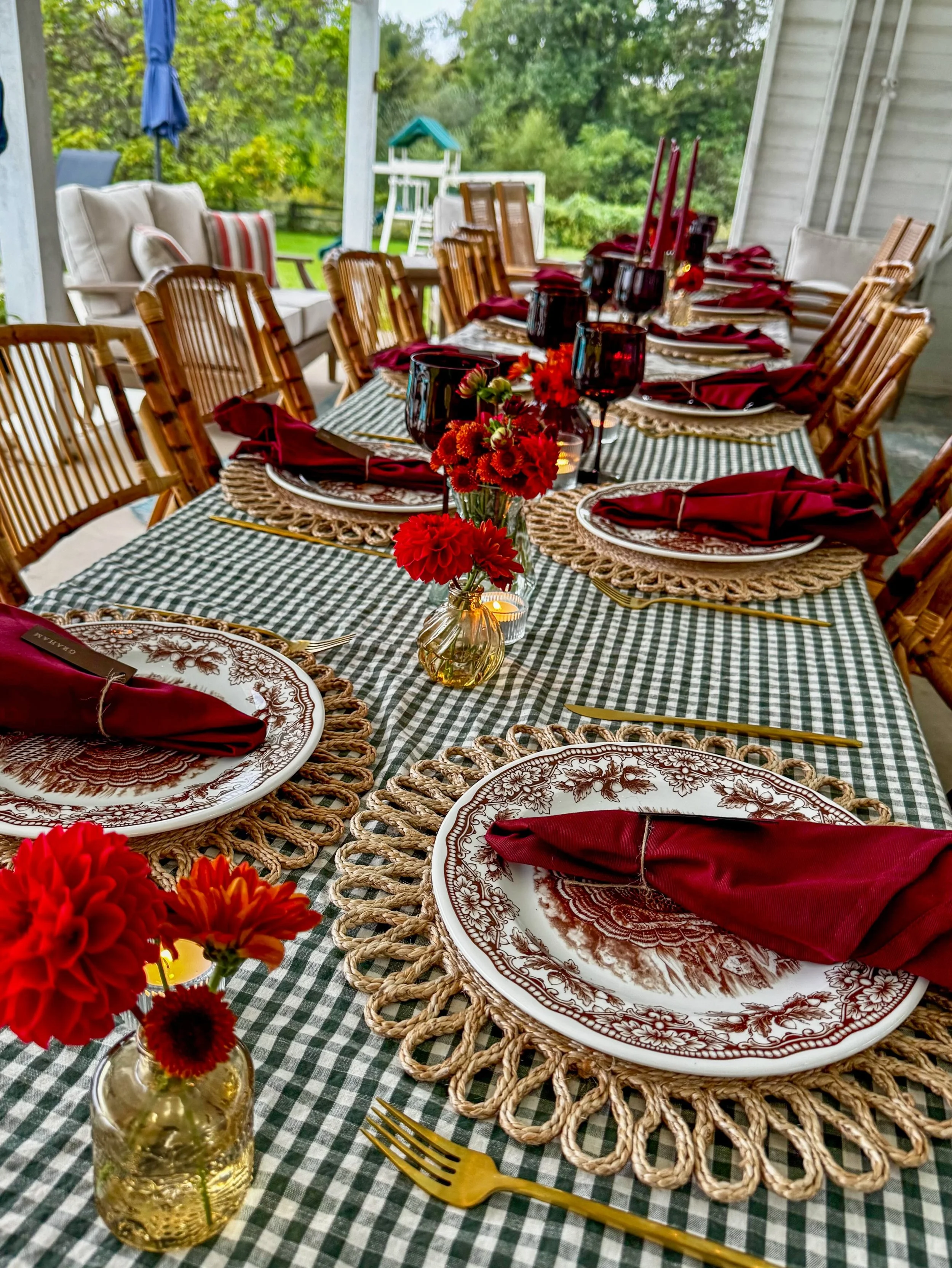 Fall is here and I could not be more excited 🍷🍂

Gingham, toile, vintage-inspired plates, burgundy linens, my fav chocolate wine glasses, and candlelight made this table feel warm and a little moody &hearts;️

#fallvibes #falltablescape #falltabled