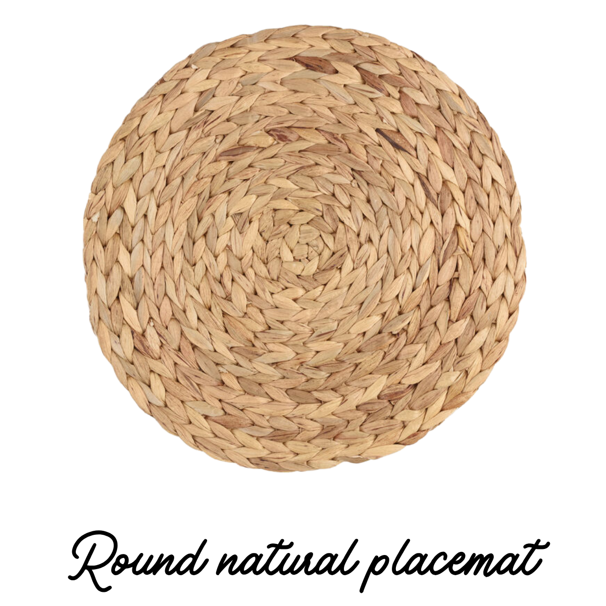 Round woven straw placemat with a spiral pattern.