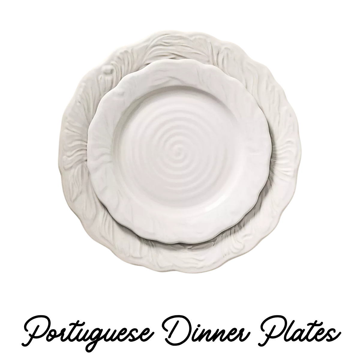 Stacked white ceramic plates with decorative edges, viewed from above.