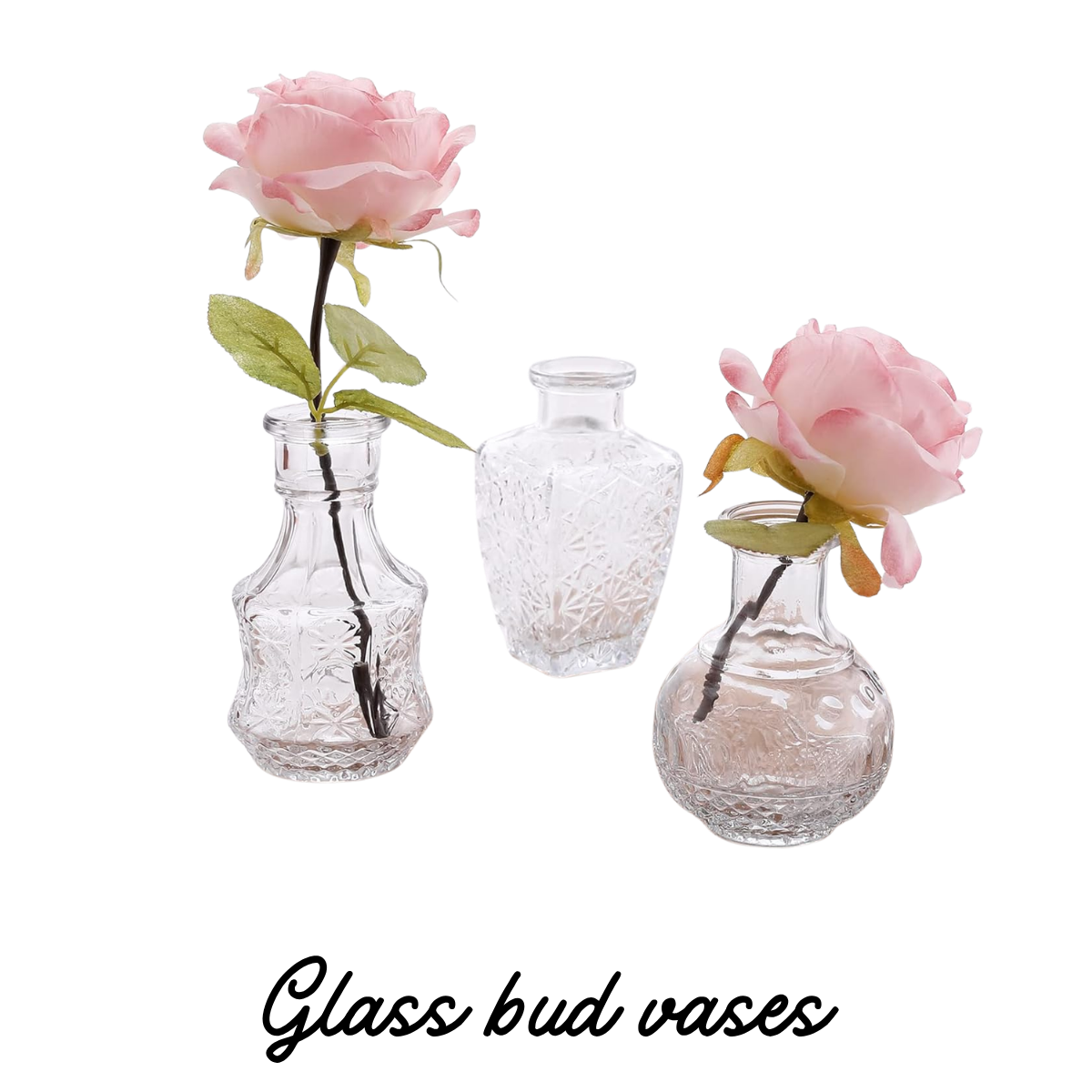 Three glass vases with pink artificial roses, two with leaves and stems, arranged on a white surface.