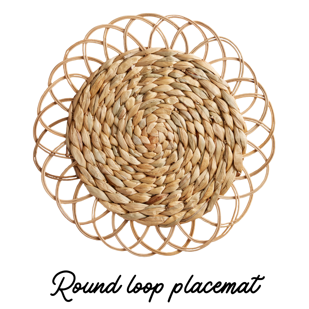 Close-up of a decorative woven placemat with a spiral pattern, made of natural straw or rattan, with a lace-like border of interwoven loops.