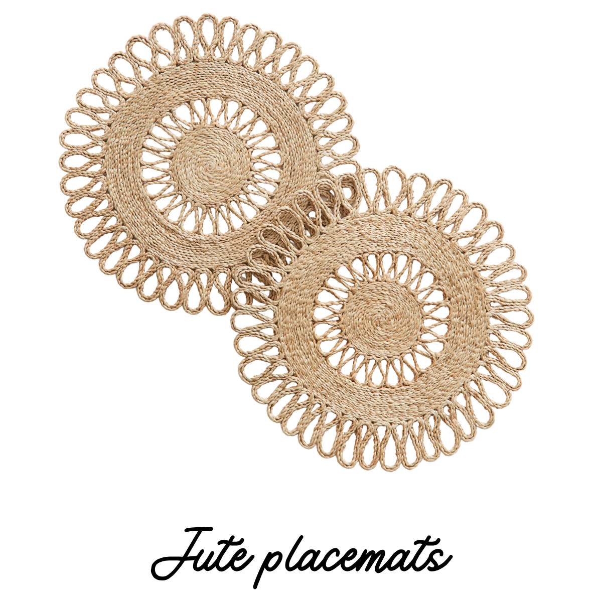 Two woven circular placemats with intricate border designs, overlapping each other.
