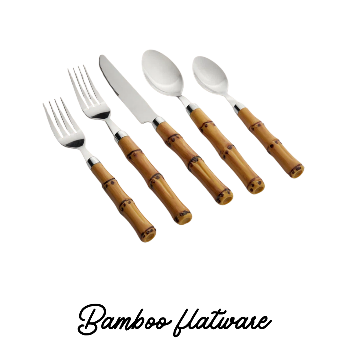 Four utensils with bamboo handles: two forks, a knife, and two spoons, arranged in a fan shape.