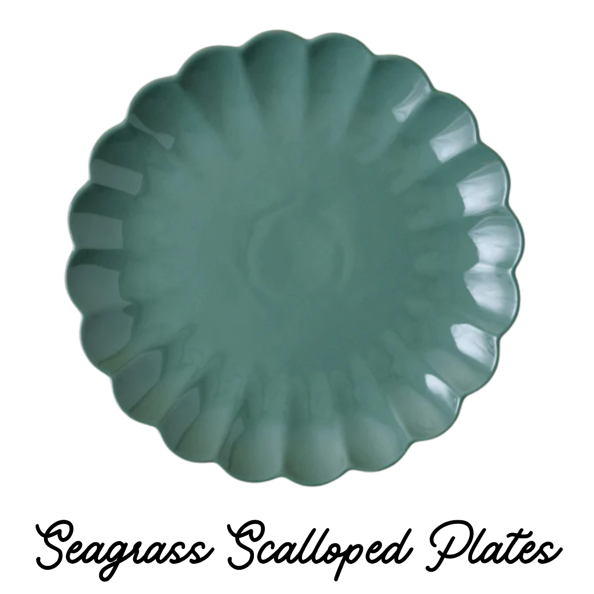 Round, teal ceramic plate with a scalloped edge.