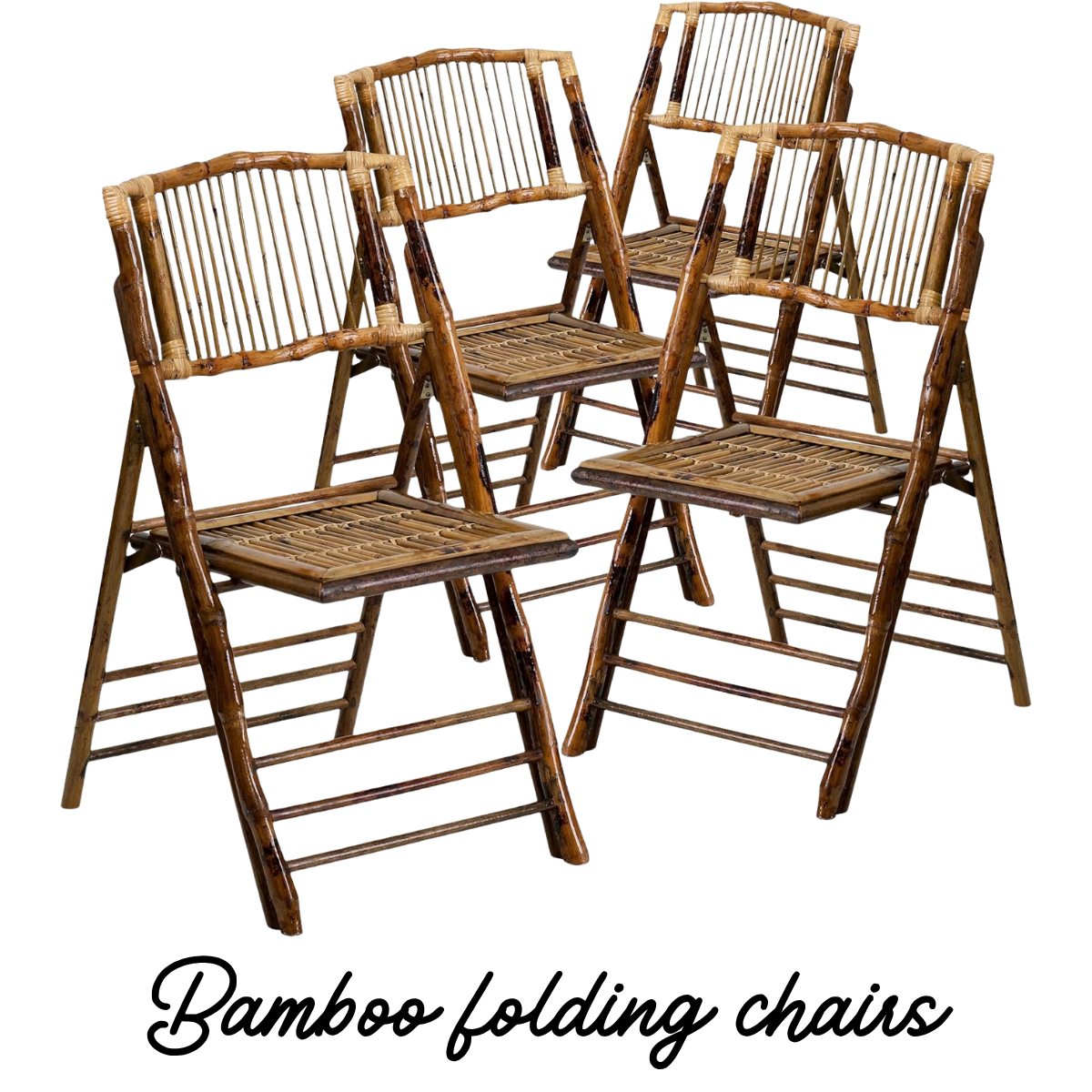 Six wooden patio chairs stacked together, made of bamboo or rattan with slatted seats and backrests.