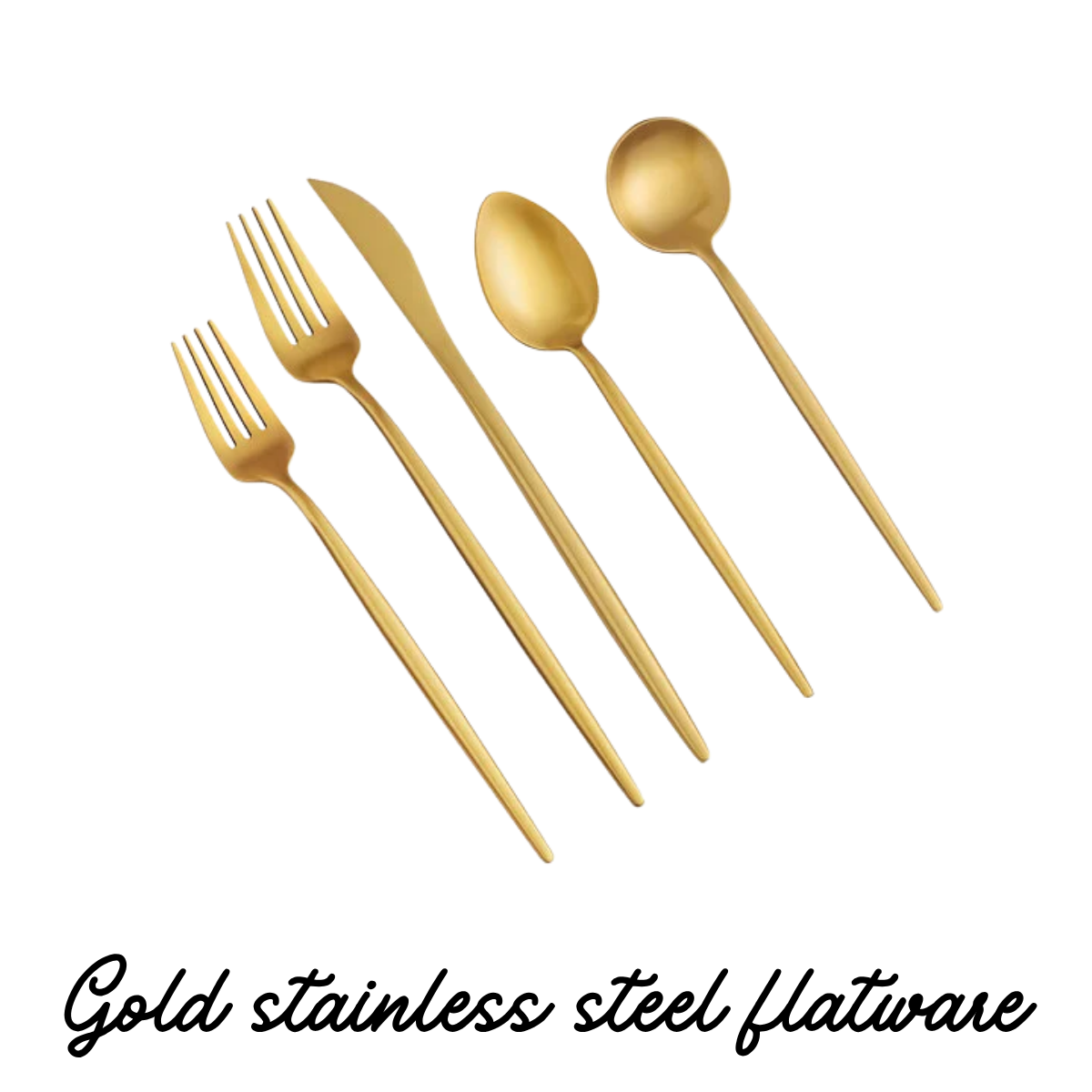 Set of gold-colored cutlery including two forks, two spoons, and one knife.
