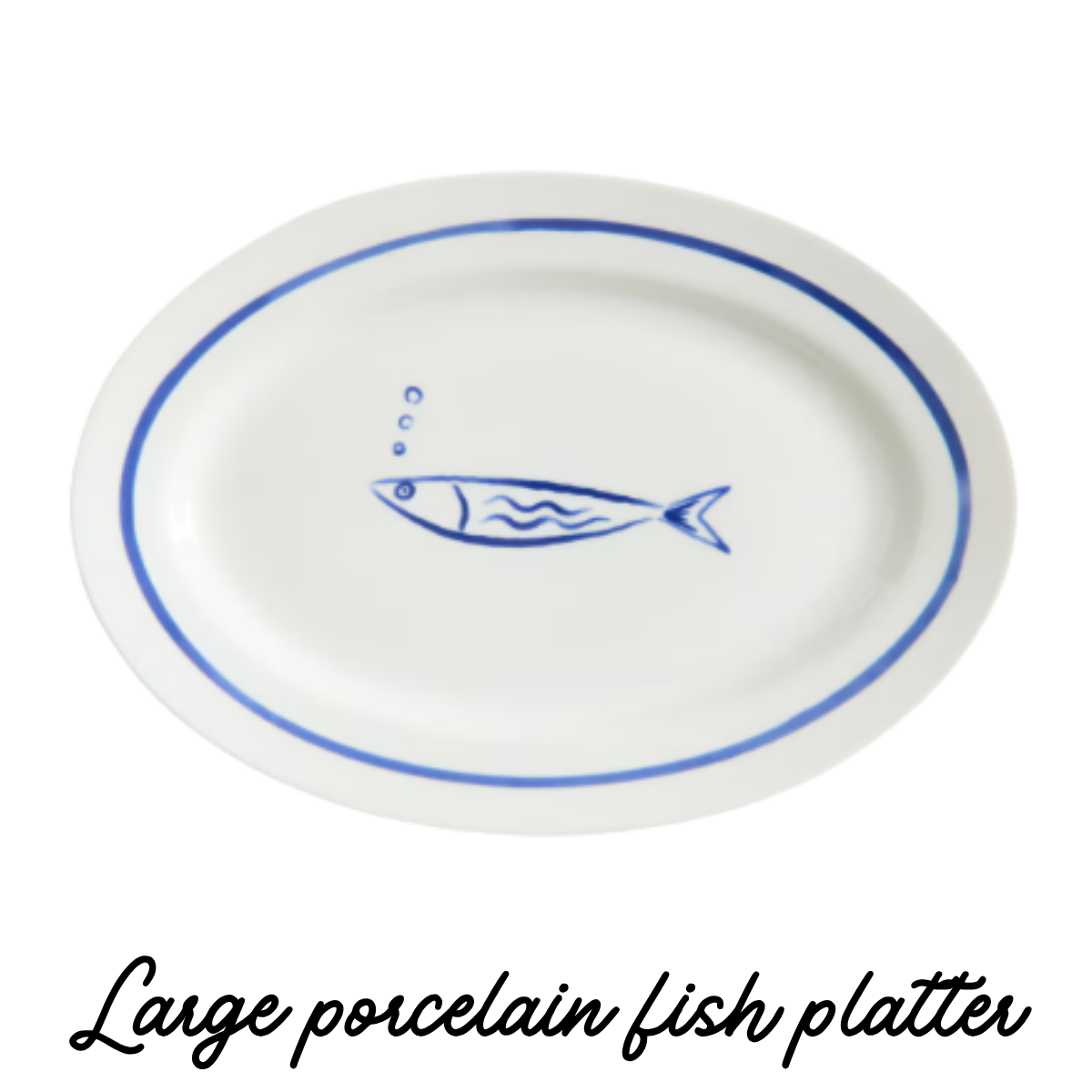 Oval ceramic plate with a blue fish illustration and bubbles in the center.