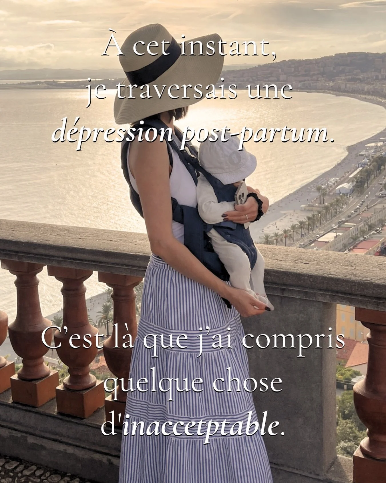 Ce moment para&icirc;t serein.
Presque paisible.
Mais voyez-vous, derri&egrave;re cette image,
la d&eacute;pression post-partum que je vivais ?

Un nourrisson.
Un a&icirc;n&eacute; de deux ans en plein terrible two.
Un foyer &agrave; faire tenir.
Un 